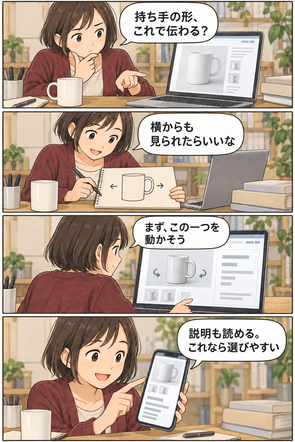 正面写真ではマグの持ち手が伝わりにくいと気づいた制作者が、横から見る操作を考え、一つの商品で試作し、スマホでも写真と説明を読めるか確かめる4コマ。