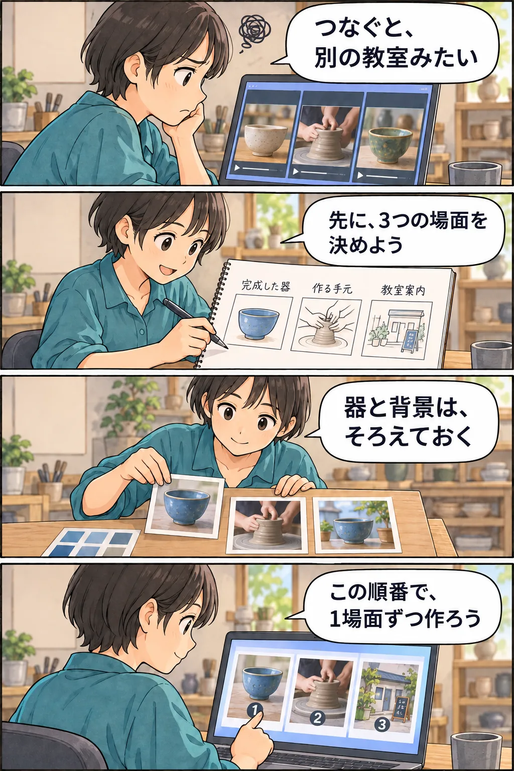 ばらばらに見える生成動画を前にした担当者が、告知を3場面へ分け、同じ器と背景をそろえた静止画を確認してから、一場面ずつ制作を始める4コマ。