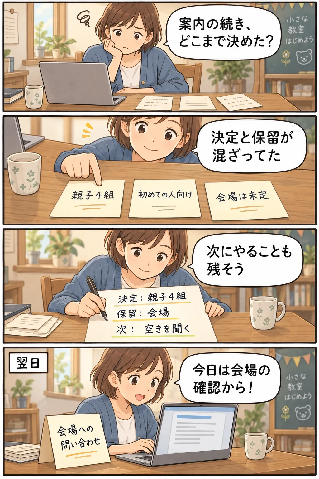 教室の案内を再開した人が三枚のメモを読み、決定と保留を一枚に整理して、翌日は会場への問い合わせから始める4コマ。