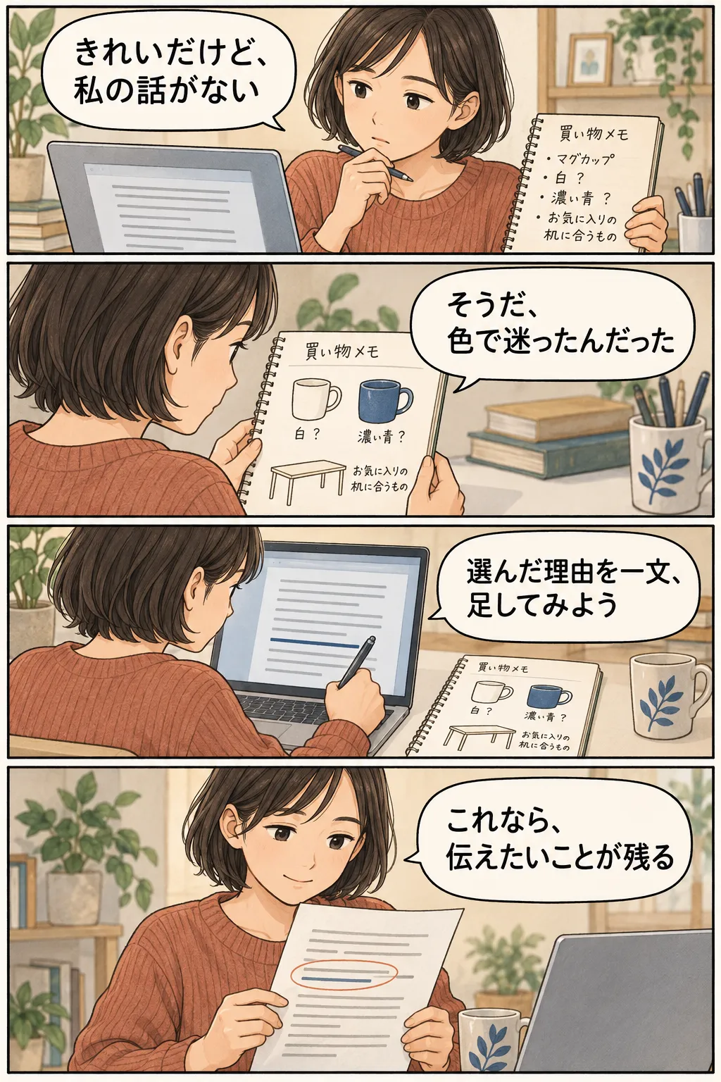 抽象的な下書きを読んだ人が買い物のメモを見返し、色を選んだ理由を一文足して、伝えたい内容が残った段落を読み返す4コマ。