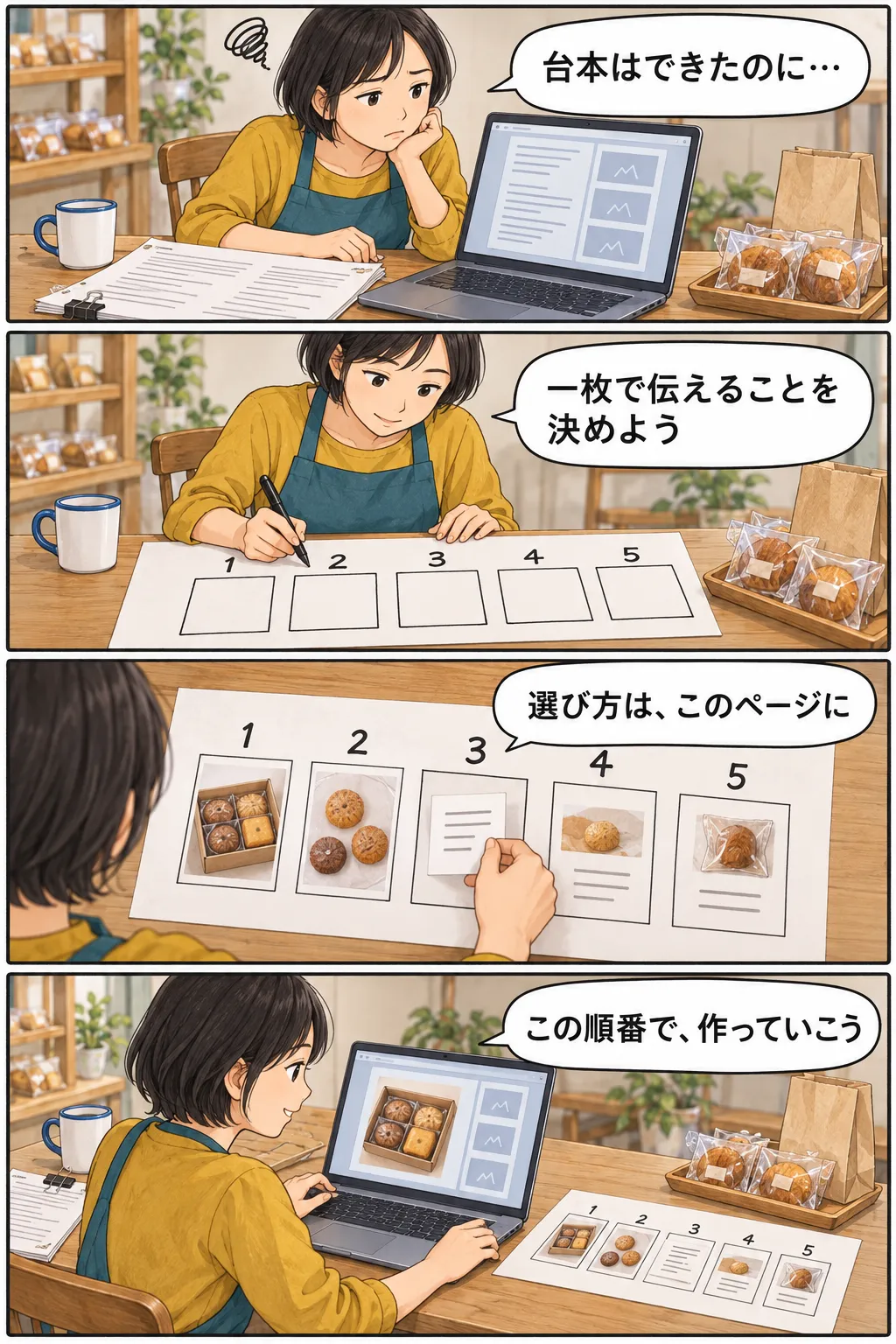 縦4コマの漫画。焼き菓子店の店主が、用意した台本を五つのページへ分ける。商品の選び方を3枚目へ割り振り、決めた並びを見ながら一枚目の画像を作り始める。