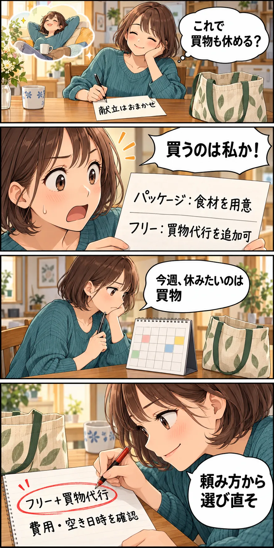 縦4コマ。献立を任せれば買物も休めると思った女性が、パッケージでは食材の用意が必要と知る。休みたい作業を考え直し、フリーと買物代行の組合せを候補にして、費用と空き日時を確認する。