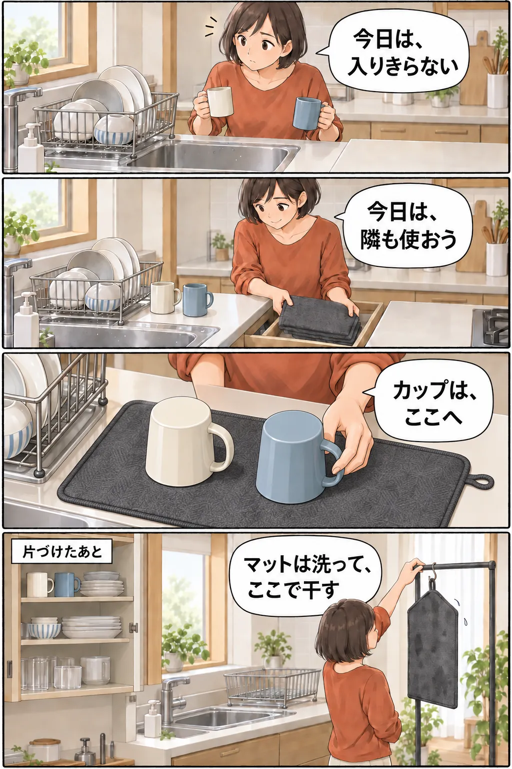 縦4コマの漫画。水切りラックに入りきらないカップ2個を持った人が、いったん台に置いて引き出しからマットを取り出す。広げたマットにカップを伏せて置き、食器を片づけたあとは洗ったマットをつるして干す。