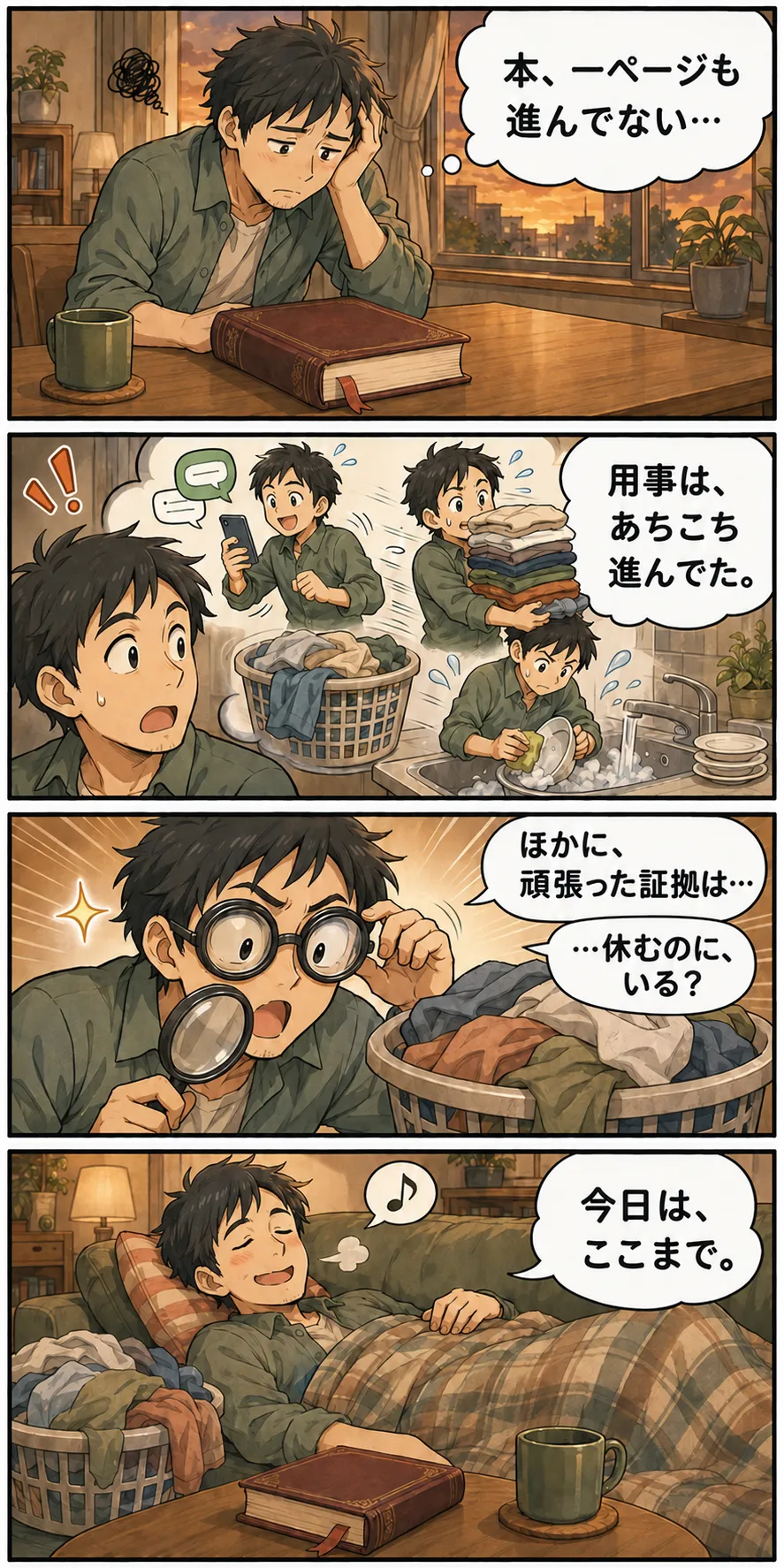 縦4コマの漫画。本が進まなかった人が、済ませた返信や家事を思い出す。さらに頑張った証拠を探しかけて、休むために証拠は必要かと考え直し、洗濯物を残して休む。