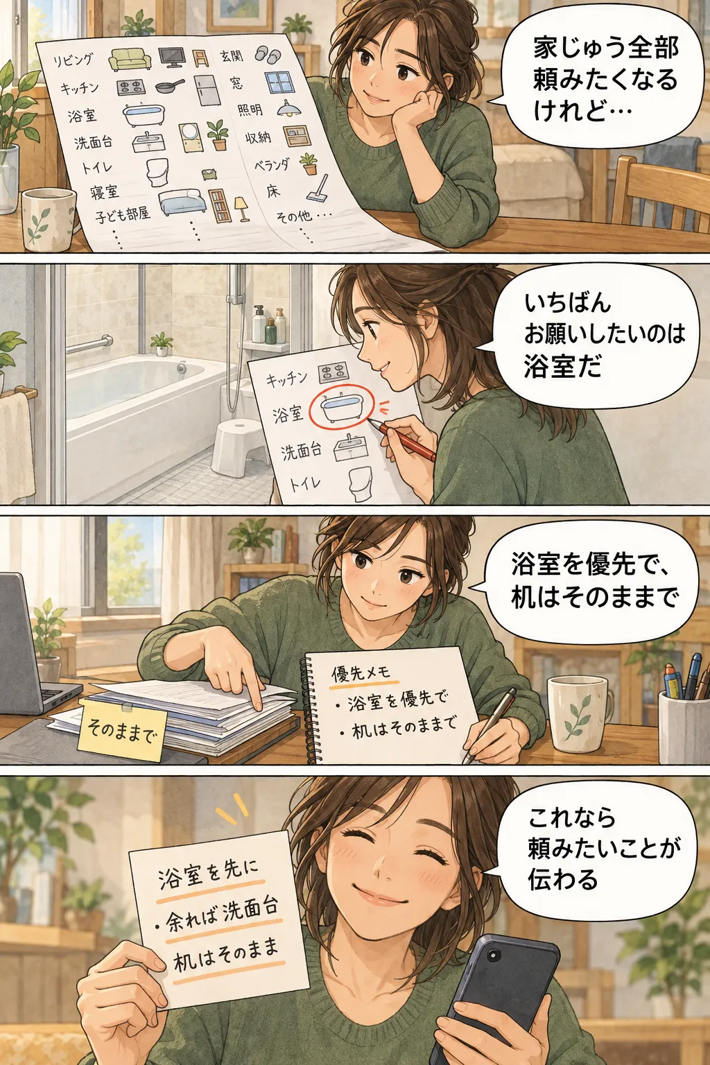 縦4コマの漫画。家じゅうの掃除を頼みたくなった人が、いちばん任せたい場所を浴室に決める。机の書類はそのままにしてほしいと添え、浴室を優先し、余れば洗面台を頼む短い依頼メモを作る。