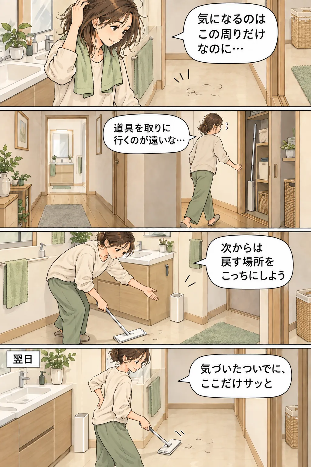 縦4コマの漫画。洗面所の床の髪の毛が気になった人が、遠い収納までワイパーを取りに行く。使った道具の戻し先を洗面所の近くへ変え、翌日は近くから取り出して足元だけを掃除する。
