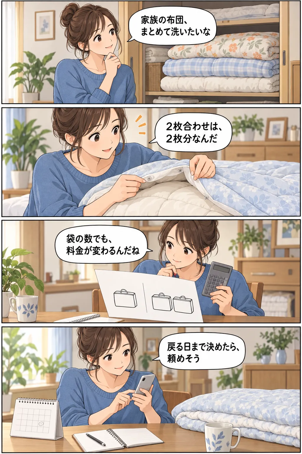 家族の布団をまとめて洗いたい人が、2枚合わせ布団を数え、袋数による料金と返却日を確認して申込みを考える縦4コマ。