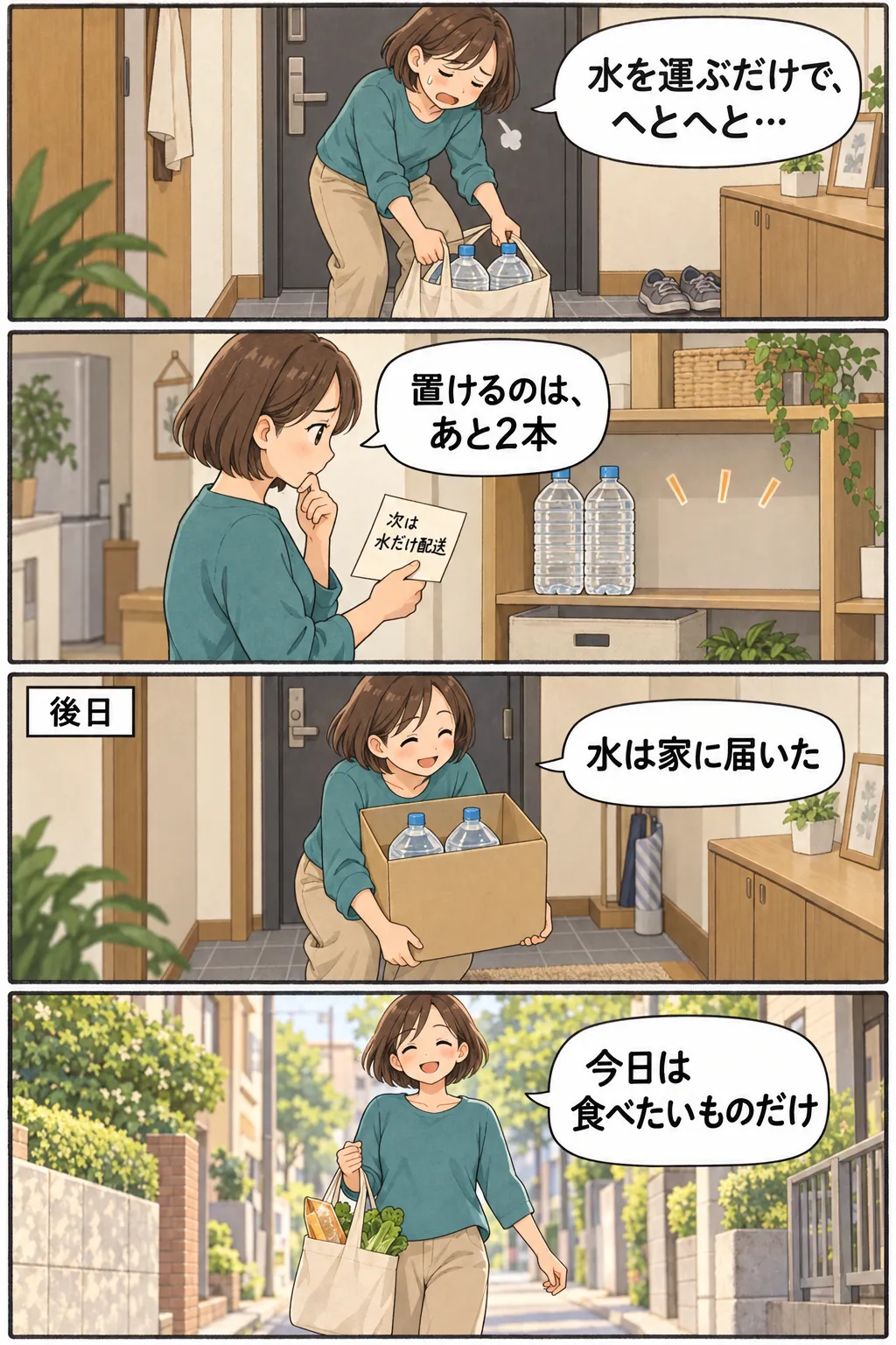 縦4コマの漫画。水2本を持ち帰って疲れた人が、棚の空きを見て次は水だけを配送に替える。後日届いた箱を両手で支え、その後の買い物ではパンと野菜だけの袋を持って帰る。