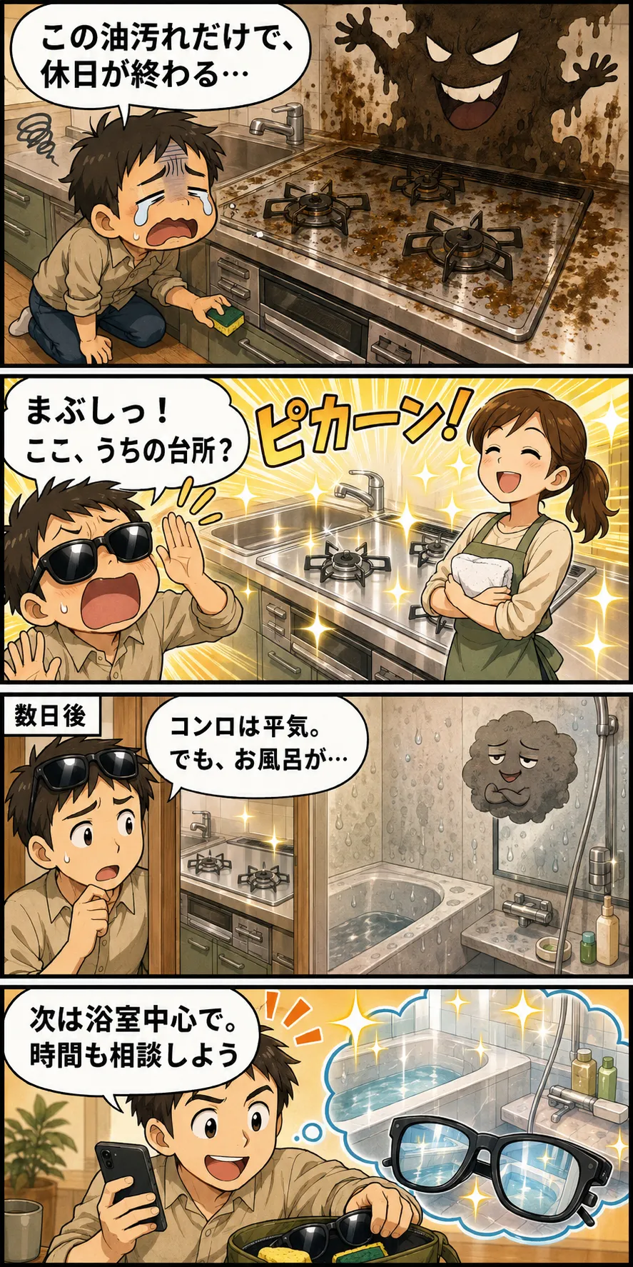 縦4コマの漫画。油汚れに困っていた人が、掃除後のまぶしいコンロにサングラスをかける。後日、コンロはきれいでも浴室が気になり、次は浴室を中心に必要な時間を相談する。