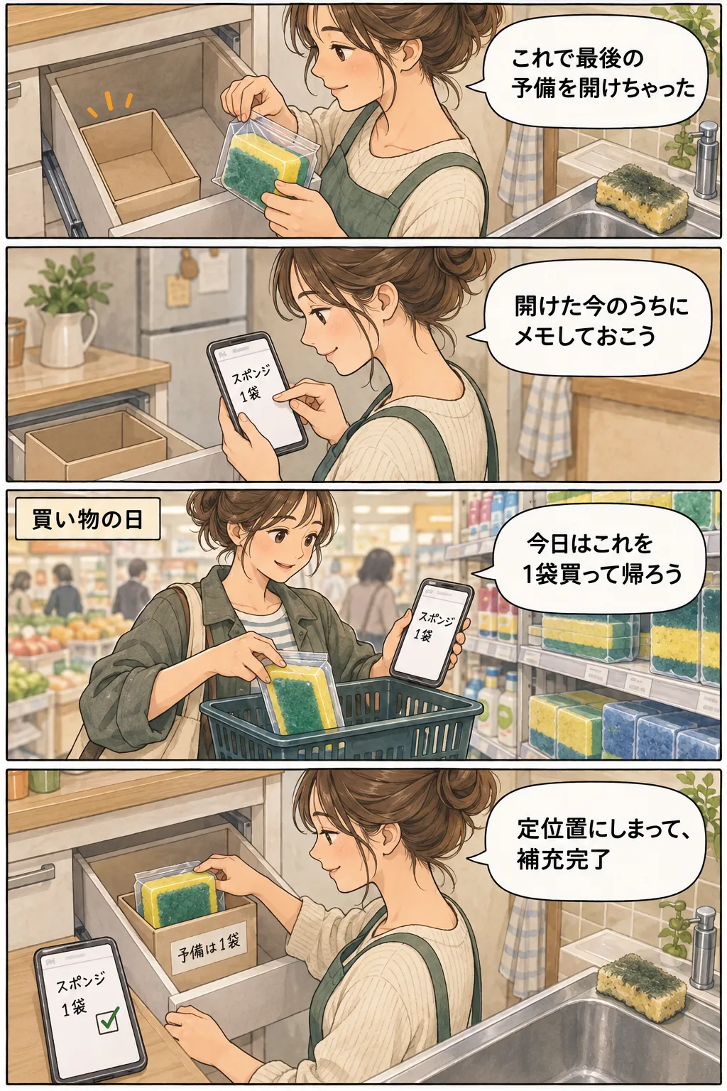 縦4コマの漫画。台所の引き出しから最後の予備のスポンジを取り出した人が、買い物メモに一袋と書く。後日の買い物で一袋を選び、帰宅後に予備一袋と決めたケースへ戻してメモにチェックを付ける。