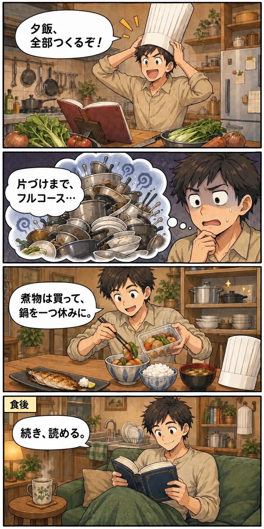 縦4コマの漫画。夕飯を全部作ろうとした人が、片づける鍋の山を想像する。煮物を惣菜パックから盛り、鍋を一つ使わずに済ませて、食後は読みかけの本を開く。