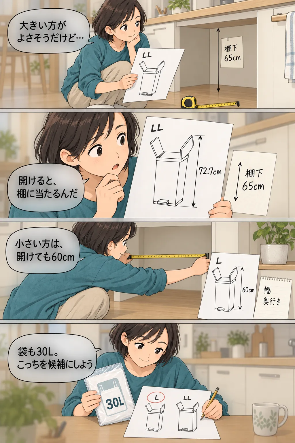 棚下の高さとゴミ箱の開口時の高さを見比べ、幅や奥行き、手持ちの30L袋も確かめてLサイズを候補にする4コマ