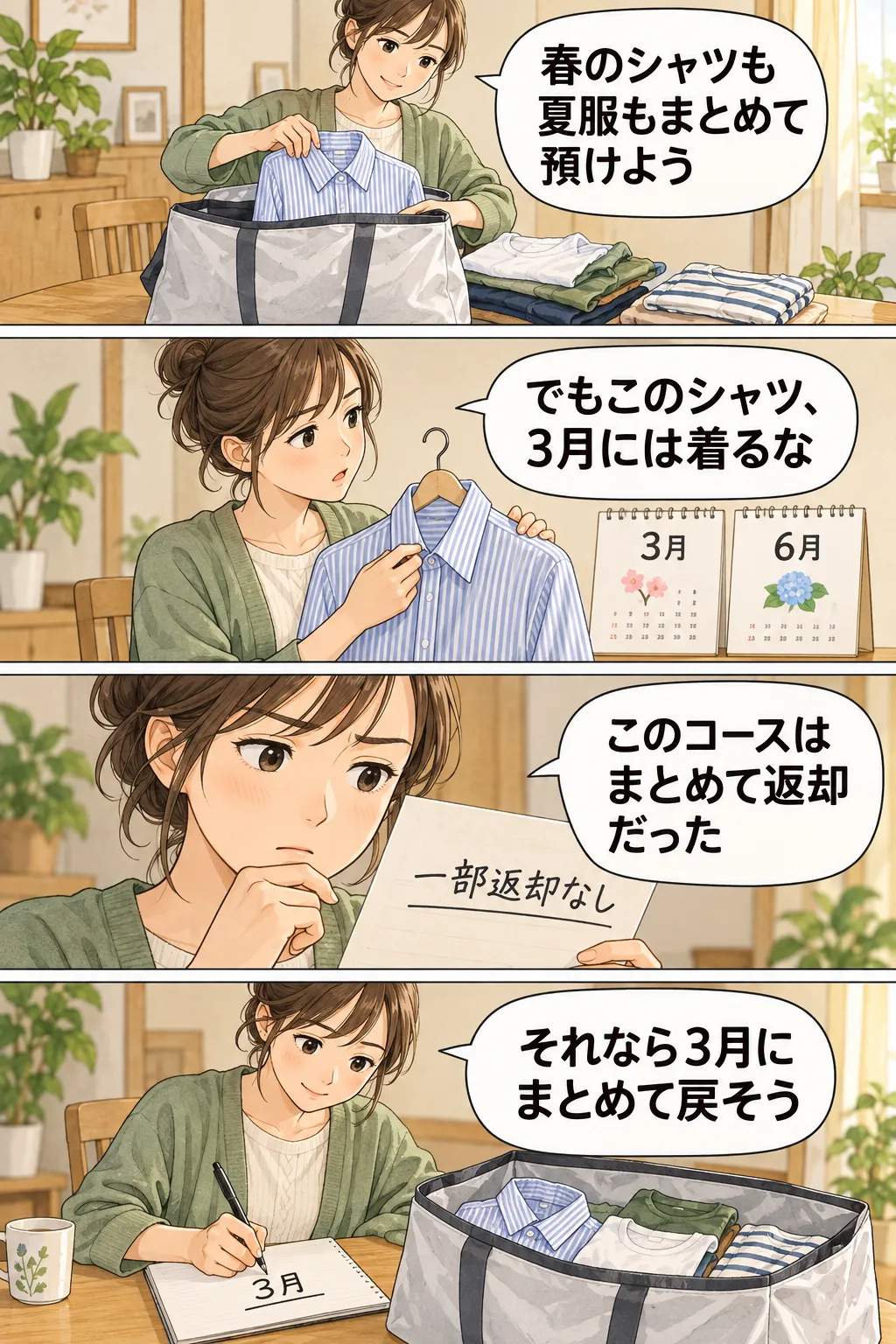 縦4コマの漫画。春のシャツと夏服をまとめて預けようとした人が、シャツは3月に必要だと気づく。検討中のコースは一部返却ができないため、服をまとめて3月に戻す予定をメモへ書く。
