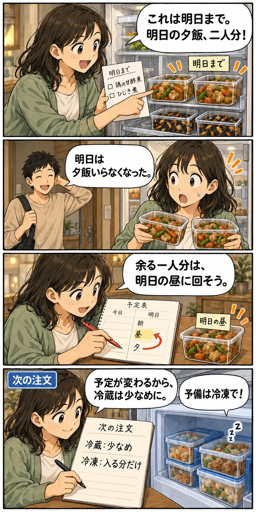 縦4コマの漫画。明日までのおかずを二人の夕食にする予定が、一人分減る。余る一人分を明日の昼へ回し、次回は冷蔵の注文を少なめにして、冷凍の予備を置き場に入る分だけ用意する。