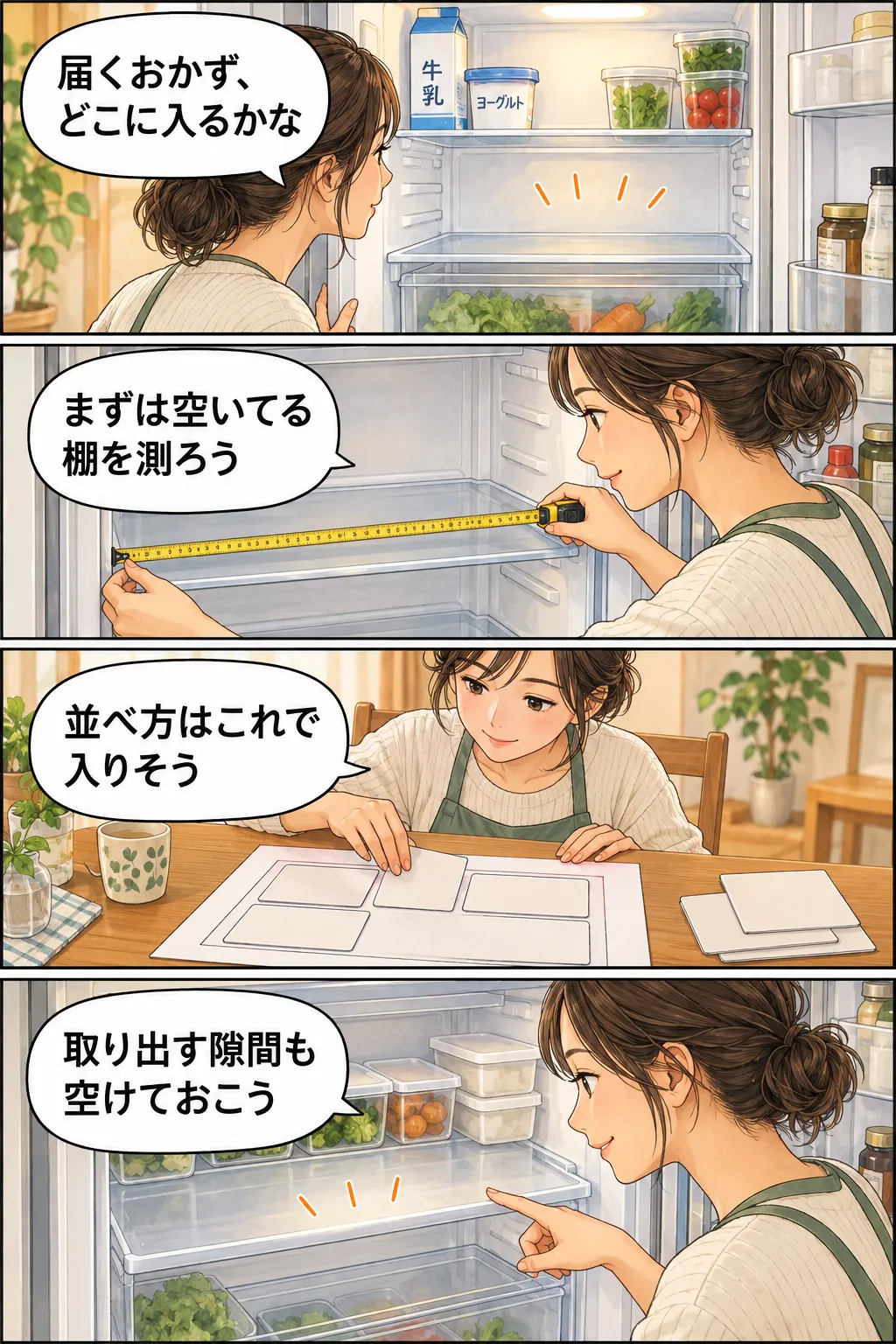 宅配おかずの置き場を考える4コマ。冷蔵庫の空いた棚を測り、机の上で容器の型紙を並べる。最後に、取り出す手の隙間も残す。