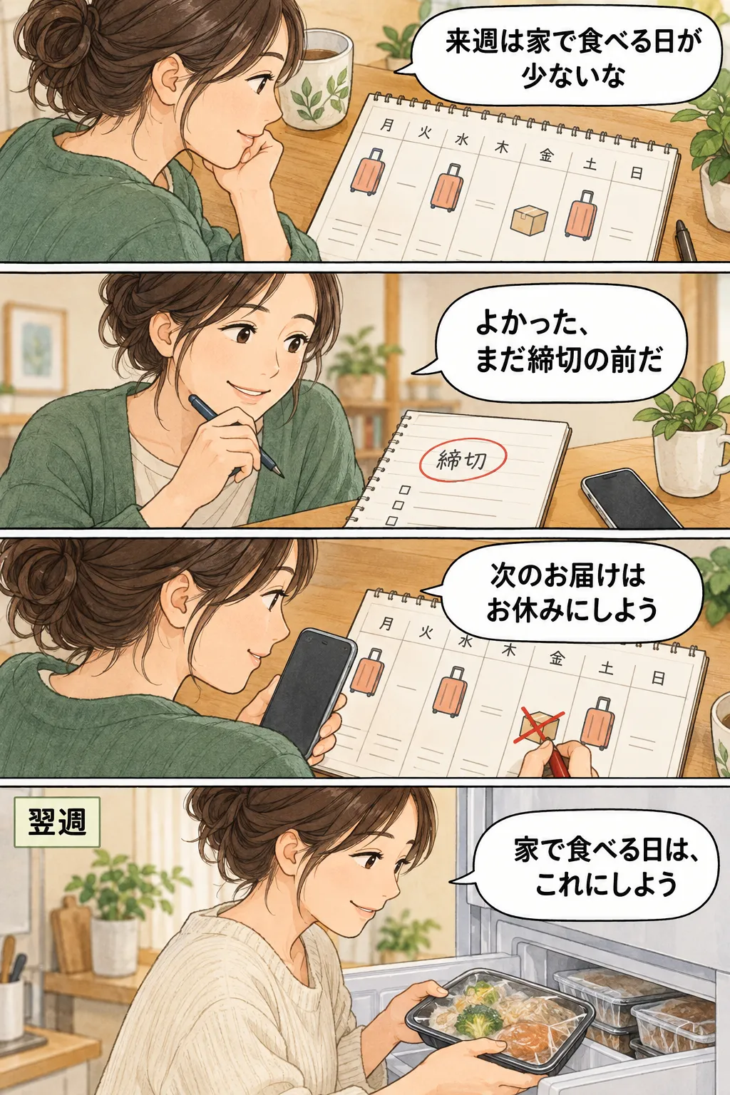 来週は家で食べる日が少ないと気づき、変更締切前に次のお届けを休みにする4コマ。翌週、家で食べる日には冷凍してある一食を選ぶ。