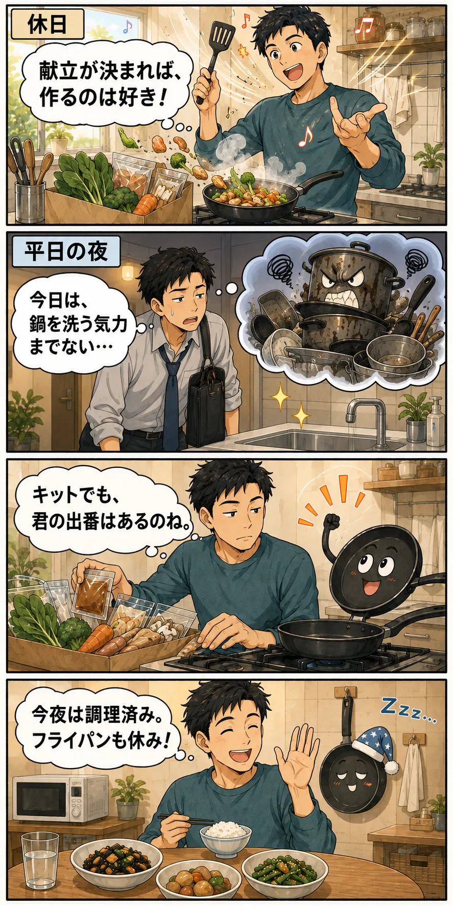 縦4コマの漫画。休日には料理を楽しむ人が、平日の夜はこれから使う鍋を洗う気力までないと考える。キットには調理が残るため、今夜は調理済みのおかずを選び、フライパンも休ませる。