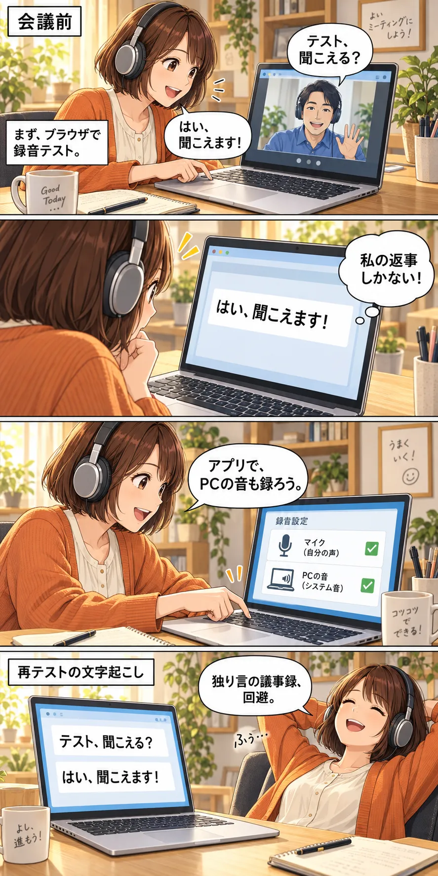 縦4コマの漫画。ヘッドホンを使う人がブラウザで録音テストをすると、文字起こしに自分の返事しかない。PCの音も録れるアプリへ切り替えて再テストし、双方の発言が文字に残ったことを確かめる。