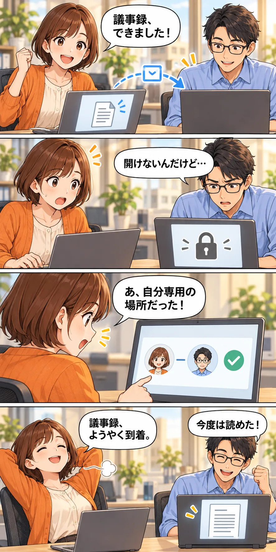 縦4コマの漫画。議事録のリンクを送った人が、同僚から開けないと言われる。自分だけが見られる保存先だと気づき、同僚を共有相手に加えると、相手の画面に議事録が表示される。