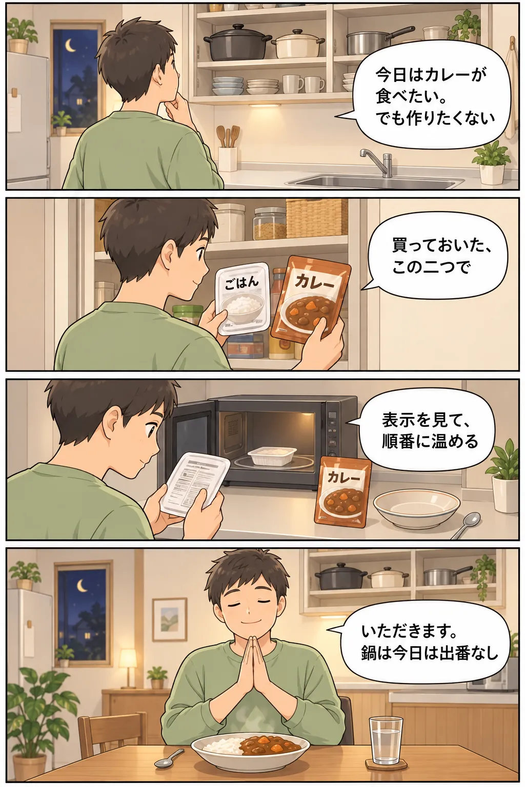 縦4コマの漫画。カレーを食べたいが作りたくない人が、棚からパックごはんとレトルトカレーを取り出す。調理表示を見て順番に温め、盛り付けた食卓で手を合わせる。使わなかった鍋は棚に置かれたまま。
