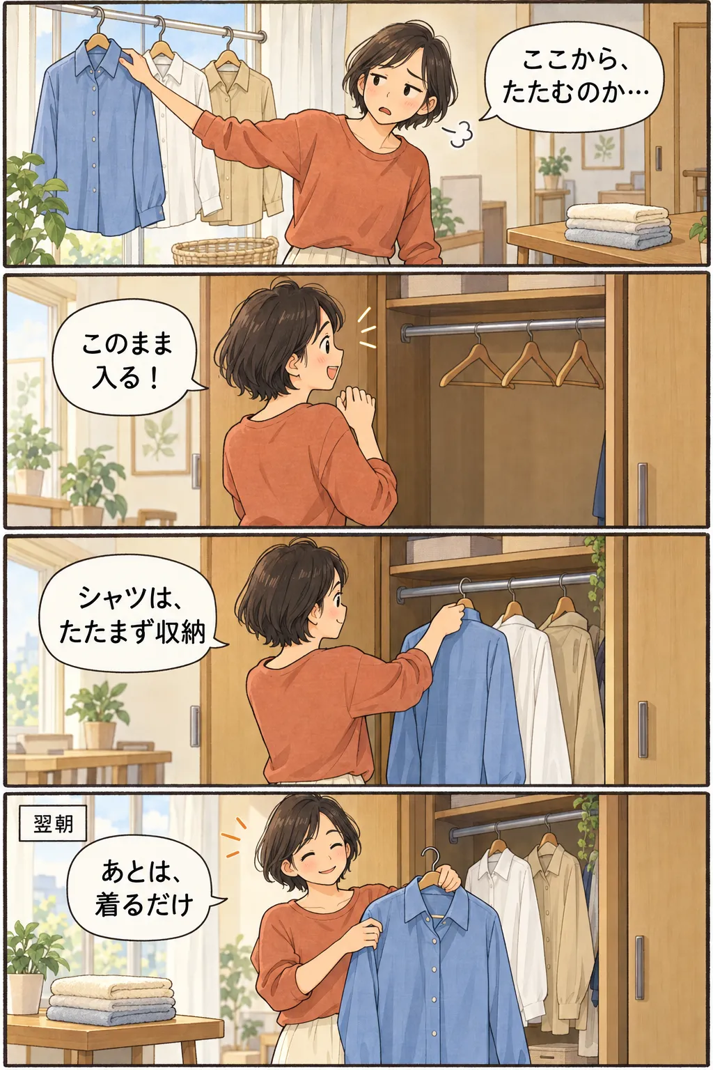 縦4コマの漫画。乾いたシャツをたたもうとする人が、クローゼットの空きを見つけ、ハンガーのままシャツを掛ける。翌朝は青いシャツを取り出し、着る準備をする。タオルはたたんだまま。