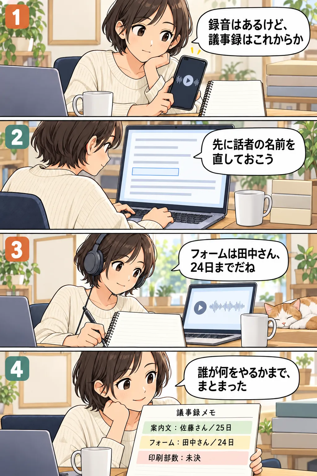 録音を議事録へまとめる人が、話者名を直し、田中さんのフォーム確認は24日までと音声で照合する。案内文は佐藤さん25日、印刷部数は未決としてまとめる縦4コマ。