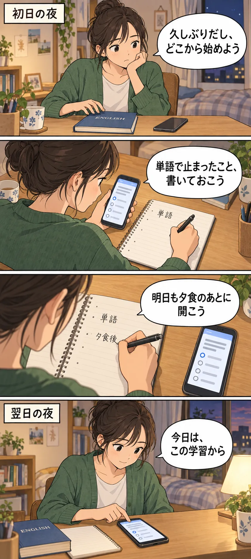 英語学習を再開する人が、スマホの問題を見ながらノートに単語と書く。夕食後に開くと決めてメモを残し、翌日の夜に学習を始める縦4コマ。