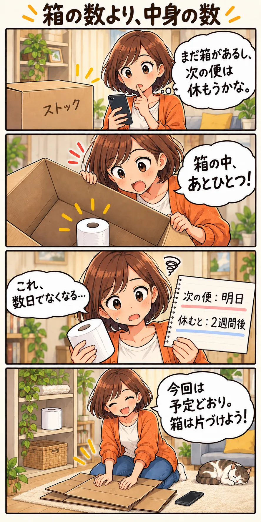 縦4コマの漫画。箱が残っているので定期便を休もうかと考えた人が、中身は紙ロール一つだけと知る。明日の便を休むと次は二週間後になるため、数日分の残量と合わせて今回は予定どおりにし、空箱を畳む。
