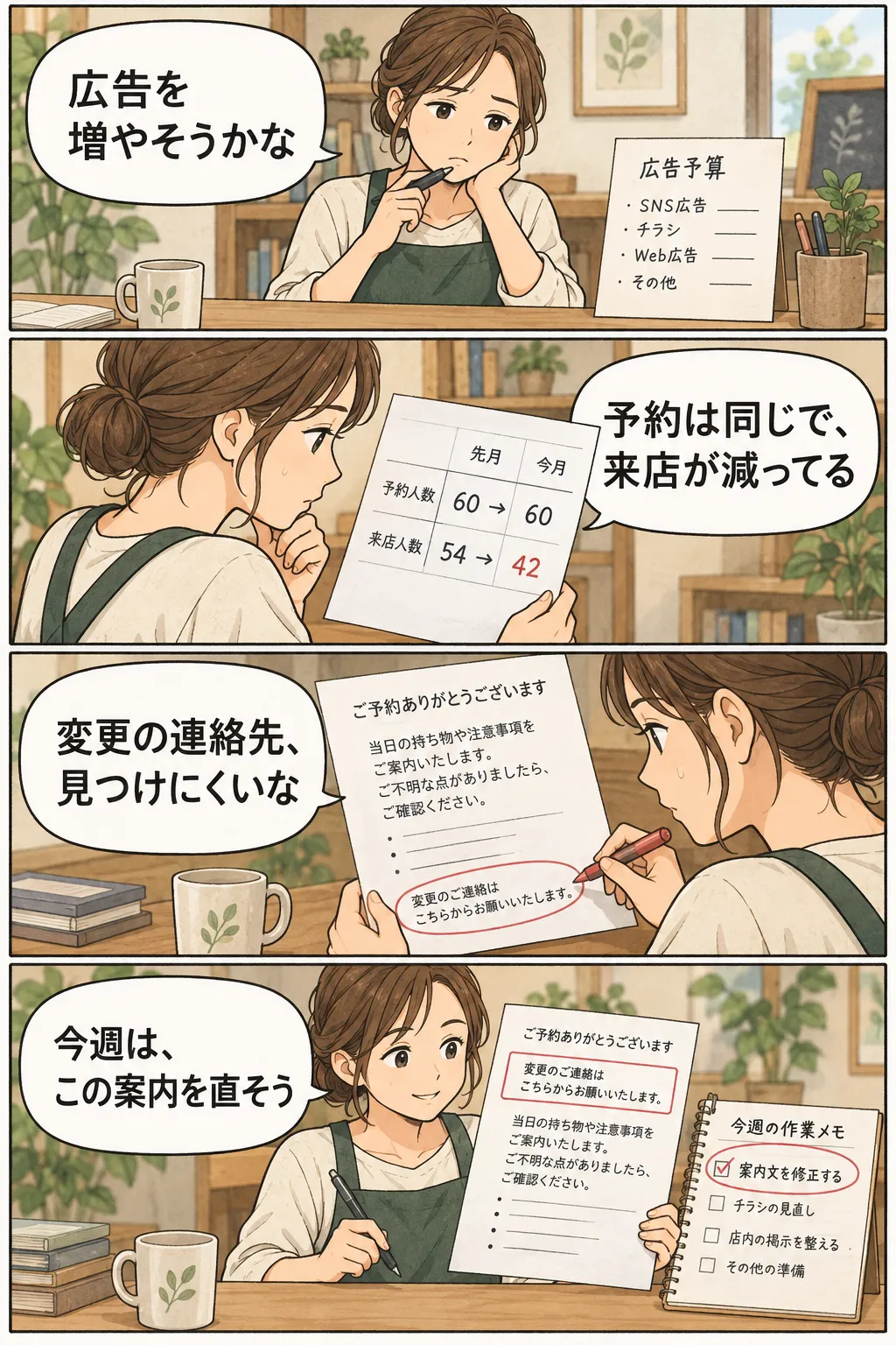 広告を増やそうとした店長が予約数と来店数の違いに気づき、予約後の案内を読み直して、変更連絡先を見つけやすくする作業を選ぶ4コマ。