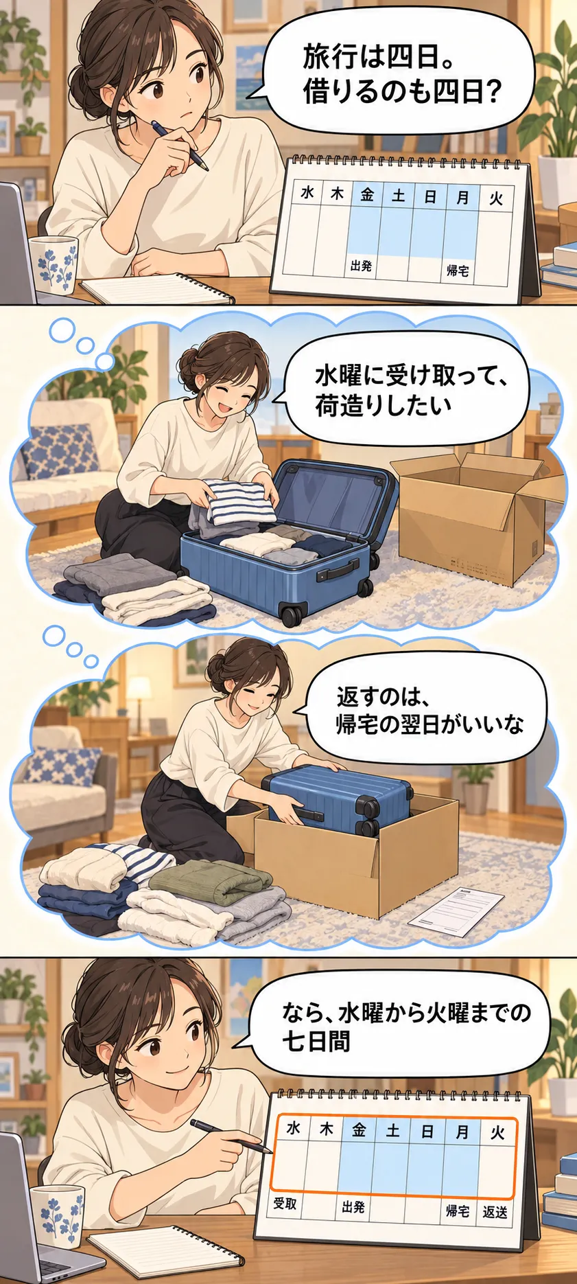 旅行予定を見た人が、水曜の荷造りと帰宅翌日の返送を思い浮かべる。最後に、水曜から火曜までの七日間をカレンダーで囲み、借りる期間を決める縦4コマ。