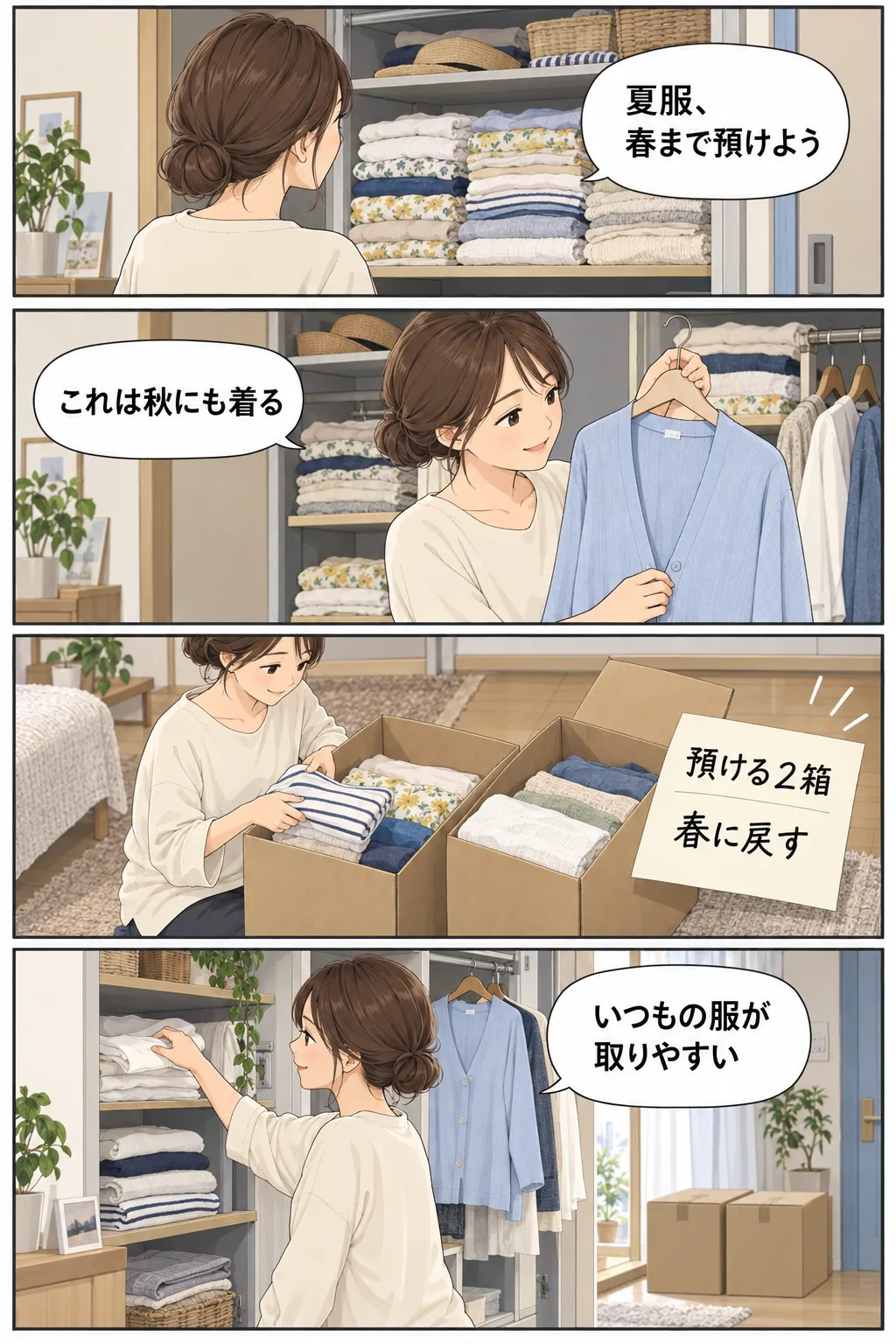 縦4コマ。春まで預ける夏服から、秋にも着る羽織を手元に残す。夏服を2箱に詰め、預ける箱数と春に戻す予定をメモする。普段の服が棚から取り出しやすくなり、閉じた2箱は部屋の端で集荷を待つ。