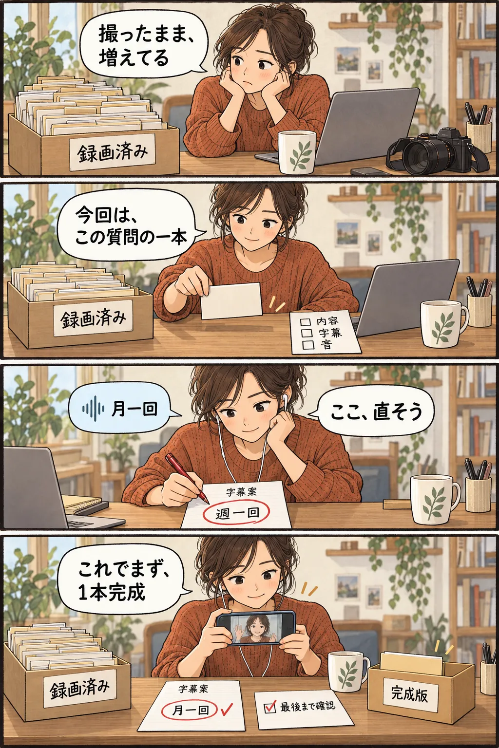 録画済みの素材がたまった人が一本を選び、字幕案の「週一回」を録音の「月一回」と照合して直し、完成版のファイルを一つ残す縦4コマ。