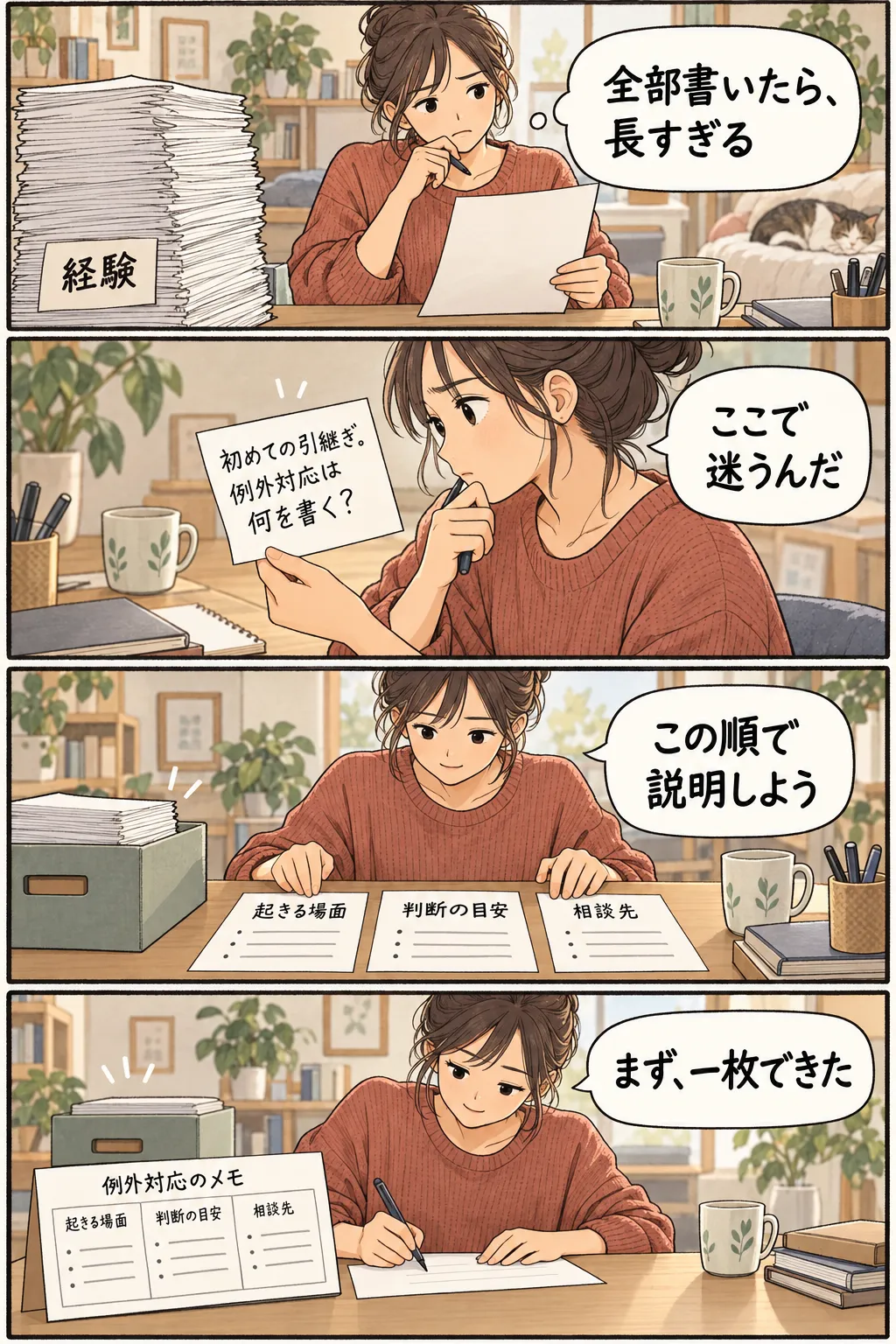 経験を全部詰め込もうとしていた人が、初めて引継ぎをする読者を思い浮かべ、例外対応の記入例を一枚作る縦4コマ。